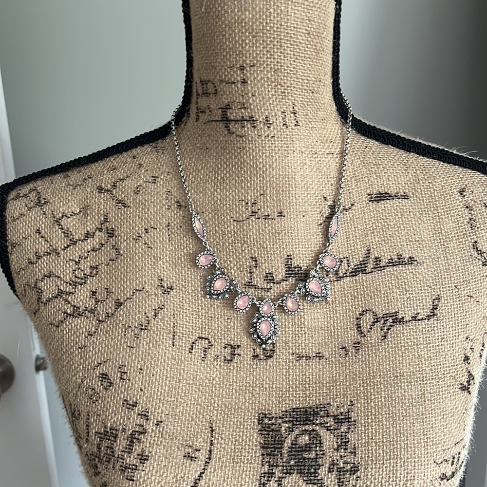 Charming Charlie antique silver and blush pink crystal necklace
